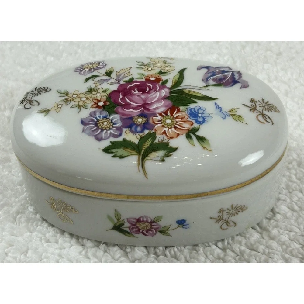 Vintage KPM Arnart Imports Oval Porcelain Trinket Box w/Lid Japan Floral